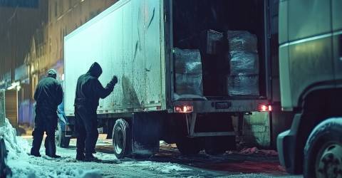 Beveiligingscamera legt beeldmateriaal vast van een gestolen vrachtwagen waravan de lading wordt over geladen